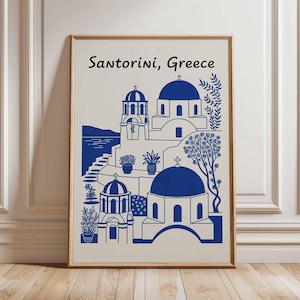 Santorini Greece Poster, Greek Island Travel Print, Blue and White Wall Art, Mediterranean Architecture Decor