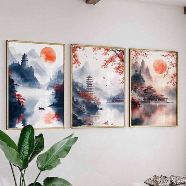 Set med kinesiska röda landskapsaffischer, traditionell konst, solnedgångs- och måntryck, asiatisk tempelväggkonst, lugn naturkonst, fridfull bergsdekor