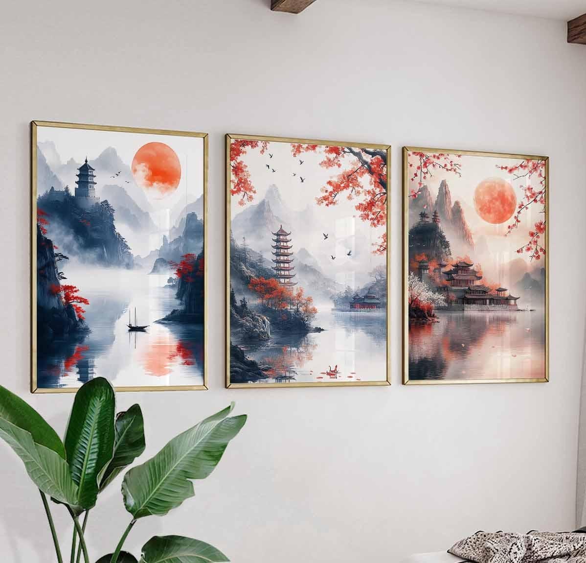 中国の赤い風景画ポスターセット、伝統芸術、夕焼けと月のプリント 