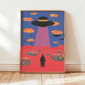 Retro UFO Abduction Wall Art Print, Psychedelic Alien Spaceship Poster, Surreal Outer Space Artwork, Colorful Cosmic Home Decor