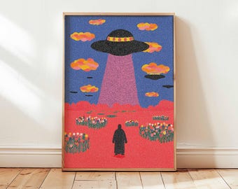 Stampa artistica da parete con rapimento UFO retrò, poster psichedelico di astronave aliena, opera d'arte surreale sullo spazio, arredamento cosmico colorato per la casa