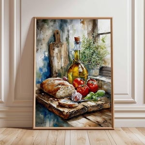 Lámina de arte de pared de cocina rústica, póster de bodegón de pan y tomate, pintura de comida mediterránea, decoración de comedor de estilo rústico.