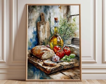 Rustic Kitchen Wall Art Print, Still Life Bread and Tomato Poster, Mediterranean Food Painting, Farmhouse Dining Room Decor