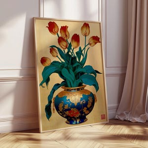 Tulip Vase Wall Art | Botanical Floral Print | Blue Chinoiserie Decor ...