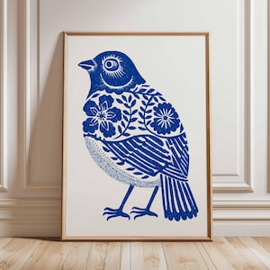 Blue Bird Poster Scandinavian Folk Art Print Floral Wall Art Modern Boho Nature Decor Bird Artwork Botanical Poster