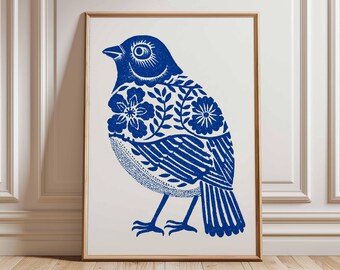 Pôster de pássaro azul, arte popular escandinava, arte de parede floral, decoração moderna de natureza boho, arte de pássaro, pôster botânico