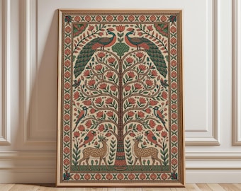 Folk Tree Of Life Poster | Peacock Deer Wall Art | Decorative Indian Print