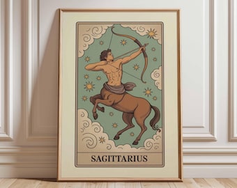 Sagittarius Zodiac Sign Art Print Poster, Vintage Zodiac Tarot Card Art, Celestial Mythology Wall Decor Unique Gift