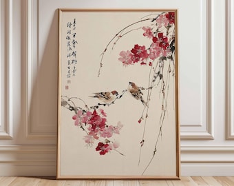 May include: Framed artwork featuring a traditional Asian-style painting. The artwork depicts three small birds perched on branches with pink and red blossoms. Calligraphy is visible on the left side of the artwork.