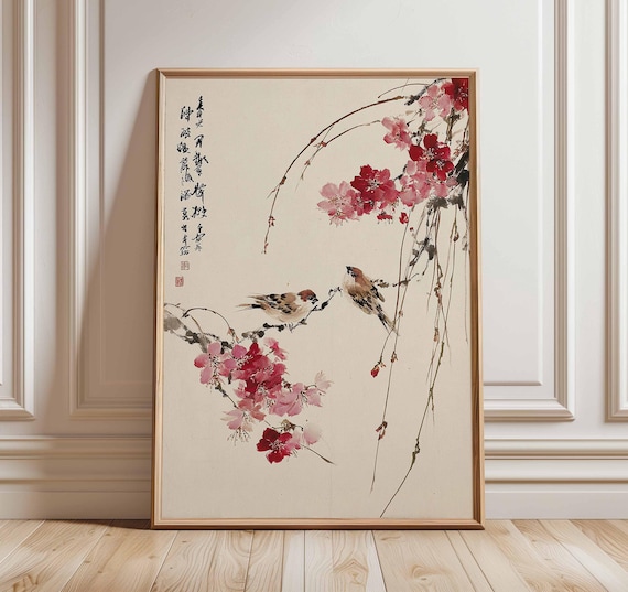 Cherry Blossom Wall Art, Japanese Bird Poster, Asian Style Print, Oriental Nature Artwork, Zen Home Decor, Traditional Floral Wall Art