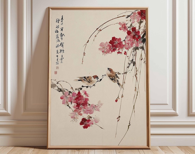 Cherry Blossom Wall Art, Japanese Bird Poster, Asian Style Print, Oriental Nature Artwork, Zen Home Decor, Traditional Floral Wall Art