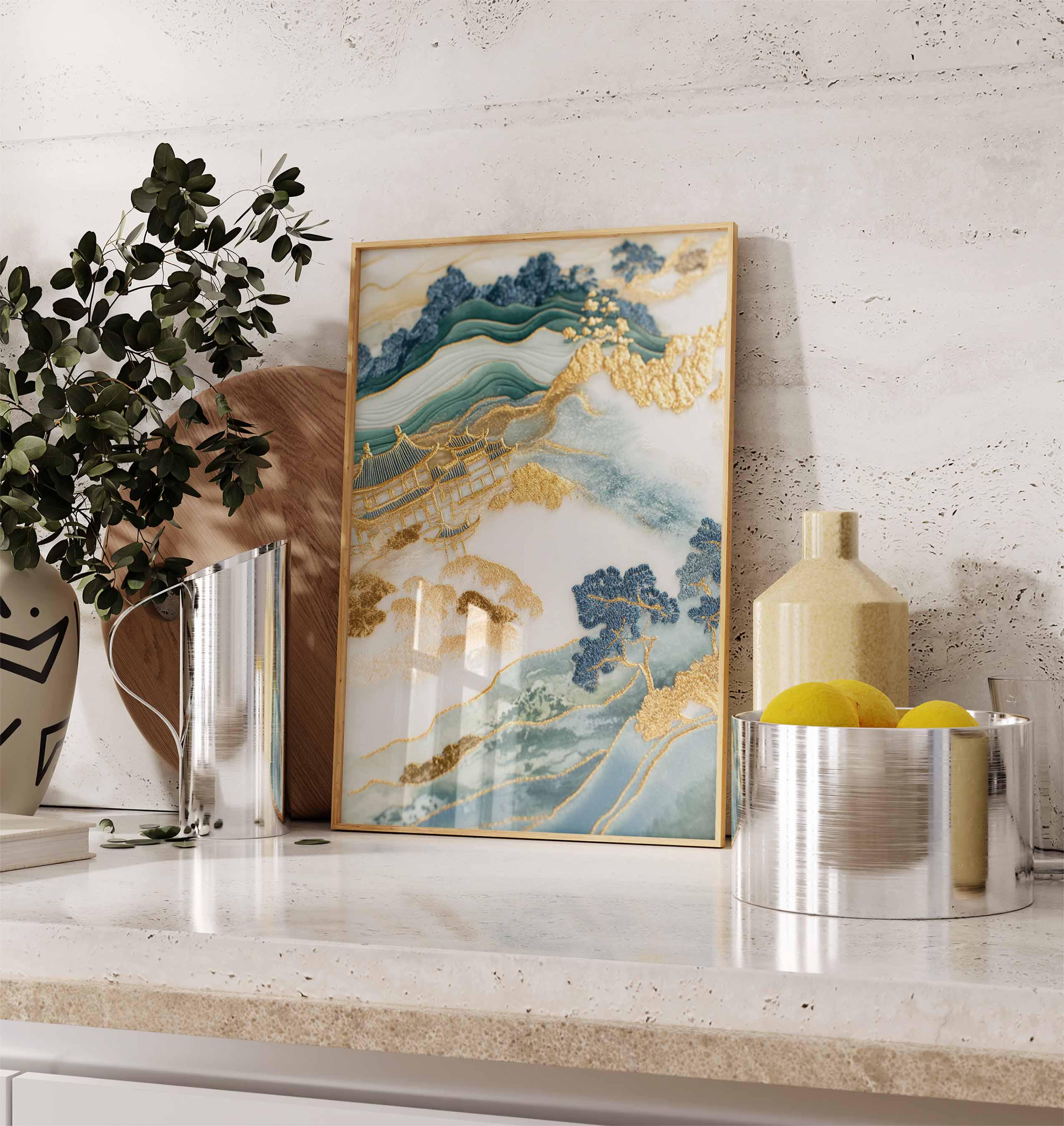 Golden Japanese Landscape Wall Art, Abstract Oriental Poster