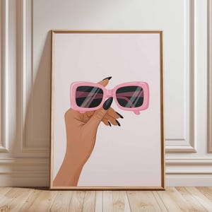 Pink Sunglasses Poster, Fashion Pop Art Print, Girly Wall Decor for Bedroom or Closet, Trendy Hand Holding Shades Illustration