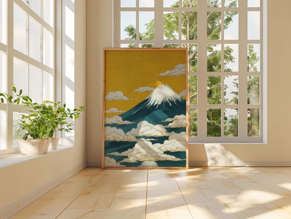日本画 山の風景 金色背景 60cm x 50cm 「八海山」 富士山ポスター、ティールとゴールドの日本画、縦長の山の壁アート