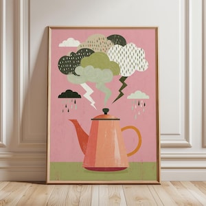 Könnte beinhalten: Ein gerahmter Kunstdruck mit einer skurrilen Illustration einer Teekanne, deren Dampf sich zu Gewitterwolken formt. Das Kunstwerk verwendet Rosa, Grün, Orange und Schwarz. Blitze und Regen vervollständigen das Wetter-Themen-Design.