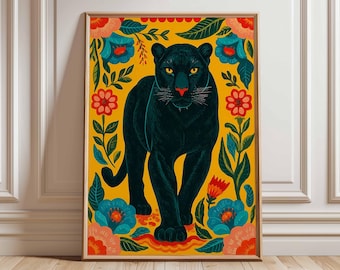Schwarzer Panther Wand-Kunstdruck, mutiges Dschungel-Tier-Poster, lebendige botanische Illustration, moderne Wildtier-Kunstmalerei, exotisches Wohndekor