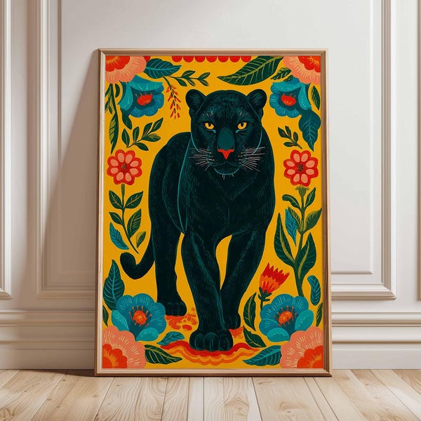Väggkonsttryck med Black Panther, djärv djungeldjursaffisch, livfull botanisk illustration, modernt konstverk med vilda djur, exotisk heminredning