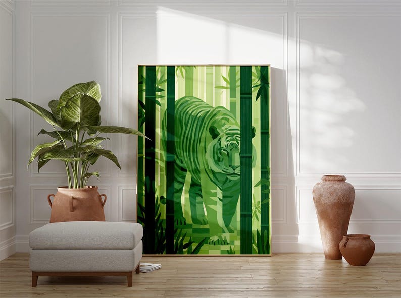 Green Tiger Jungle Poster,bamboo Animal Wall Art Print - Etsy UK
