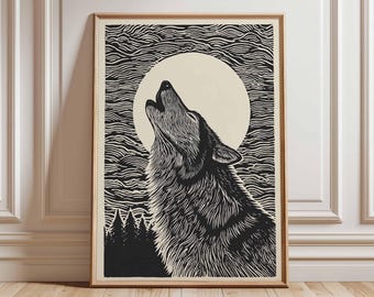 Wolf Poster, Howling Wolf Wall Art, Moon Animal Print, Black and White Artwork, Wild Nature Illustration, Nordic Minimalist Wolf Decor