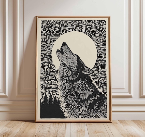 Wolf Poster, Howling Wolf Wall Art, Moon Animal Print, Black and White Artwork, Wild Nature Illustration, Nordic Minimalist Wolf Decor