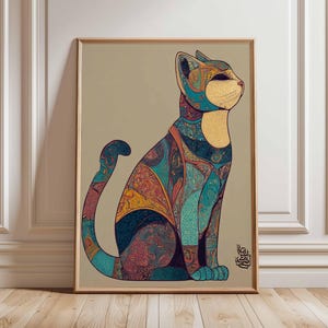 Colorful Abstract Cat Poster, Bohemian Style Feline Wall Art, Intricate Pattern Cat Print for Living Room or Bedroom Decor