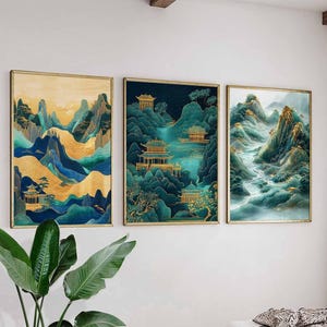 Chinesische Berglandschaft Poster Set, Traditionelle ostasiatische Kunst, Goldene und Grüne Naturdrucke, Orientalische Wandkunst, Gelassene Bergdekoration