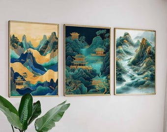 Chinese Mountain Landscape Poster Set, Traditional East Asian Art, Gold & Green Nature Prints, Oriental Wall Art, Serene Mountain Decor