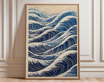 Japanese Wave Poster, Ocean Wall Art, Hokusai Style Print, Japanese Art Decor, Blue Sea Waves Artwork, Coastal Home Wall Art