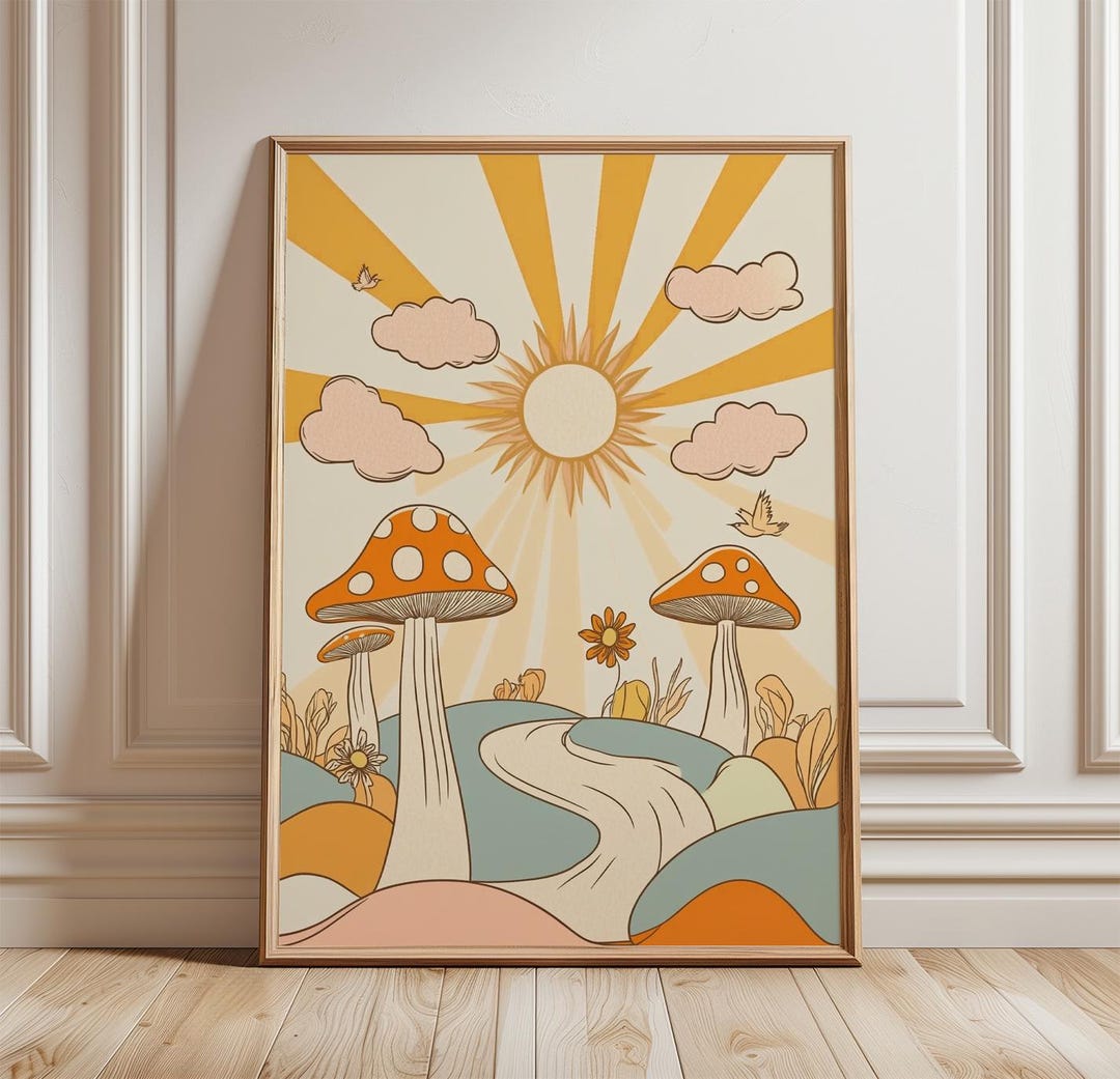 Retro Mushroom Landscape Poster Print | Psychedelic Sun Rays Wall Art ...