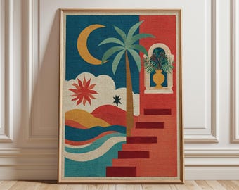 Mediterranean Wall Art, geometric retro poster, palm tree and stairs print, modern boho decor, colorful abstract home artwork
