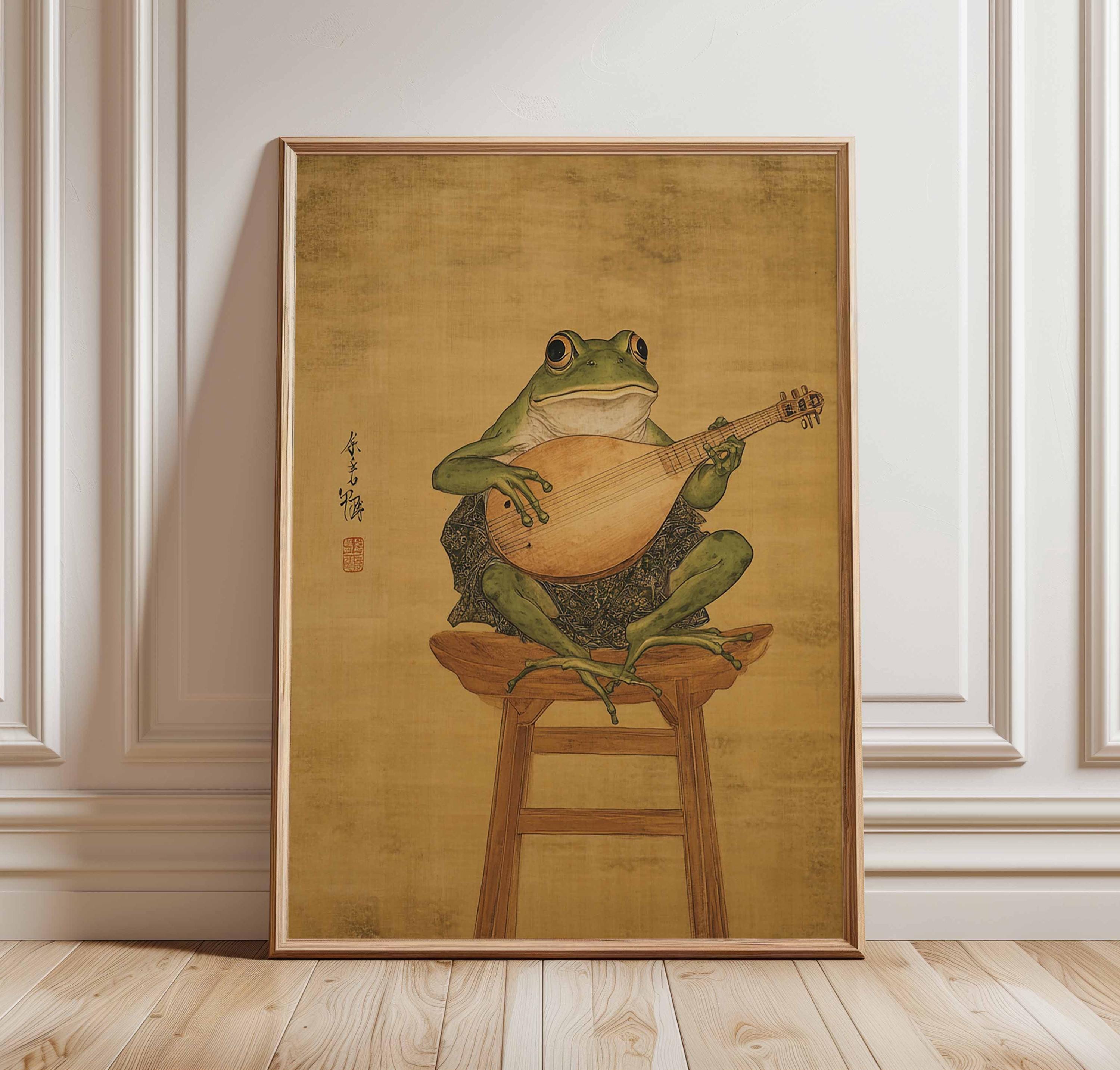 Frog Playing Lute Poster Print, Vintage Asian Style Animal Art