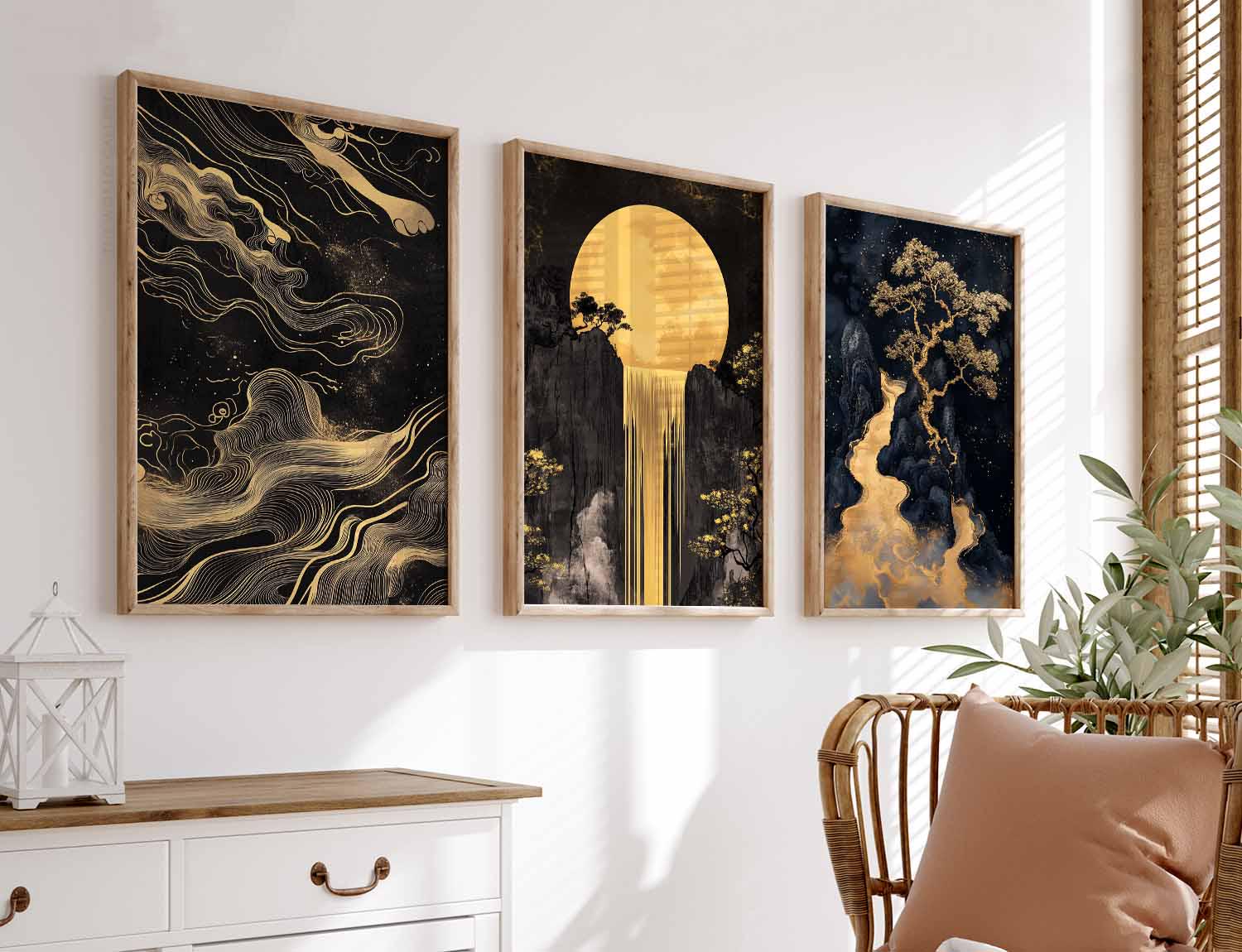Black and Gold Mountain Art Set, Asian Landscape Posters, Golden