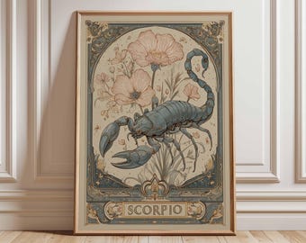 Scorpio Zodiac Poster, Astrology Wall Art Print, Vintage Horoscope Artwork, Scorpio Star Sign Decor, Mystical Boho Astrology Gift