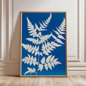 White Fern Leaf Art Poster, Botanical Print on Blue Background, Minimalist Plant Wall Decor, Nature Inspired Art, Contemporary Fern Decor
