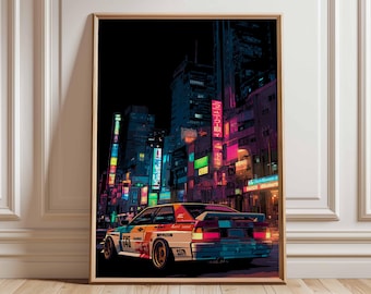 Affiche de course de rue de Tokyo, art mural japonais de ville de nuit, impression de voiture cyberpunk néon, oeuvre d'art JDM rétro, décor de scène de rue urbaine