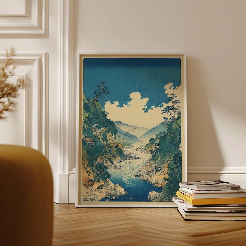 Japanese Landscape Poster | Mountain River Scene Wall Art | Vintage ...