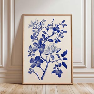 Floral Blue and White Poster Art Print, Botanical Flower Wall Decor, Vintage Style Floral Art, Modern Minimalist Home Decor