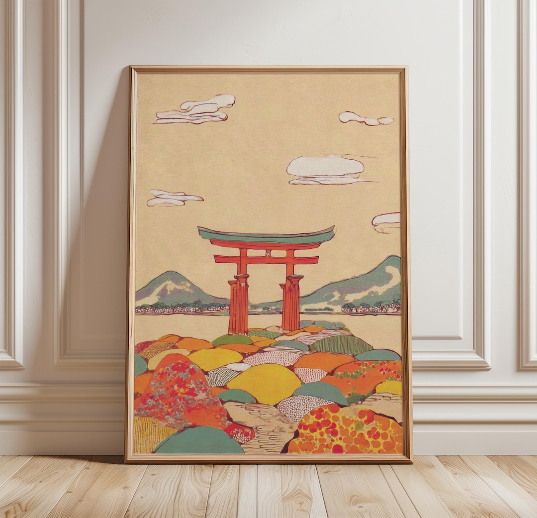 Japanese Landscape Wall Art Poster Torii Gate Mountain Illustration ...