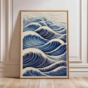 Japanese Wave Poster, Ocean Wall Art, Hokusai Style Print, Japanese Art Decor, Blue Sea Waves Artwork, Coastal Home Wall Art