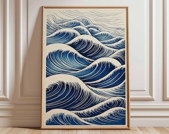 Japanese Wave Poster, Ocean Wall Art, Hokusai Style Print, Japanese Art Decor, Blue Sea Waves Artwork, Coastal Home Wall Art