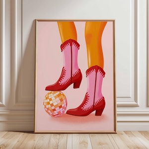 Cowgirl Boots Poster, Disco Ball Wall Art, Retro Western Girl Print, Fun Pink Room Decor, Y2K Aesthetic Illustration Artwork