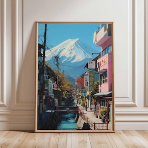 Mount Fuji Street View Poster, Japanese Cityscape Wall Art, Colorful Urban Japan Print, Mt Fuji Architecture Travel Decor