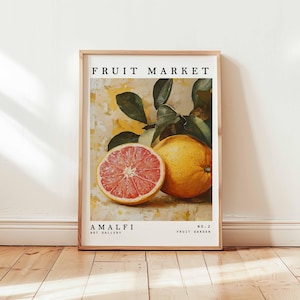 Fruit Market Poster, Amalfi Orange Fruit Poster, Italian Coast Citrus Wall Art, Mediterranean Kitchen Decor, Coastal Still Life Print