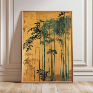Japanese Bamboo Poster, Golden Yellow Botanical Wall Art, Zen Minimalist Asian Nature Print, Traditional Japan Decor Unframed