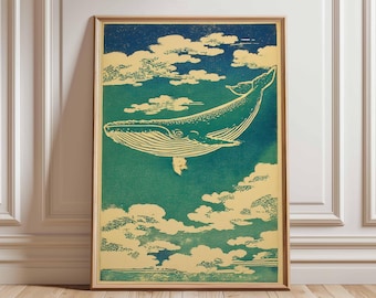 日本美術、気まぐれな生き物、クジラのアート、日本美術、壁アート