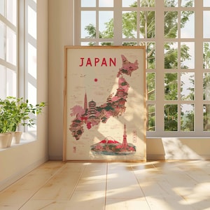 May include: A framed vintage-style map of Japan, featuring a detailed illustration of the country's landmarks and a red color scheme. The word "JAPAN" is at the top. The map is leaning against a wall near a window with sunlight.