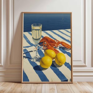 Oyster Poster, Pink Kitchen Wall Art, Vibrant Seafood Print, Retro Dining Room Decor, Oysters and Cocktails Illustration, Bold Food Poster