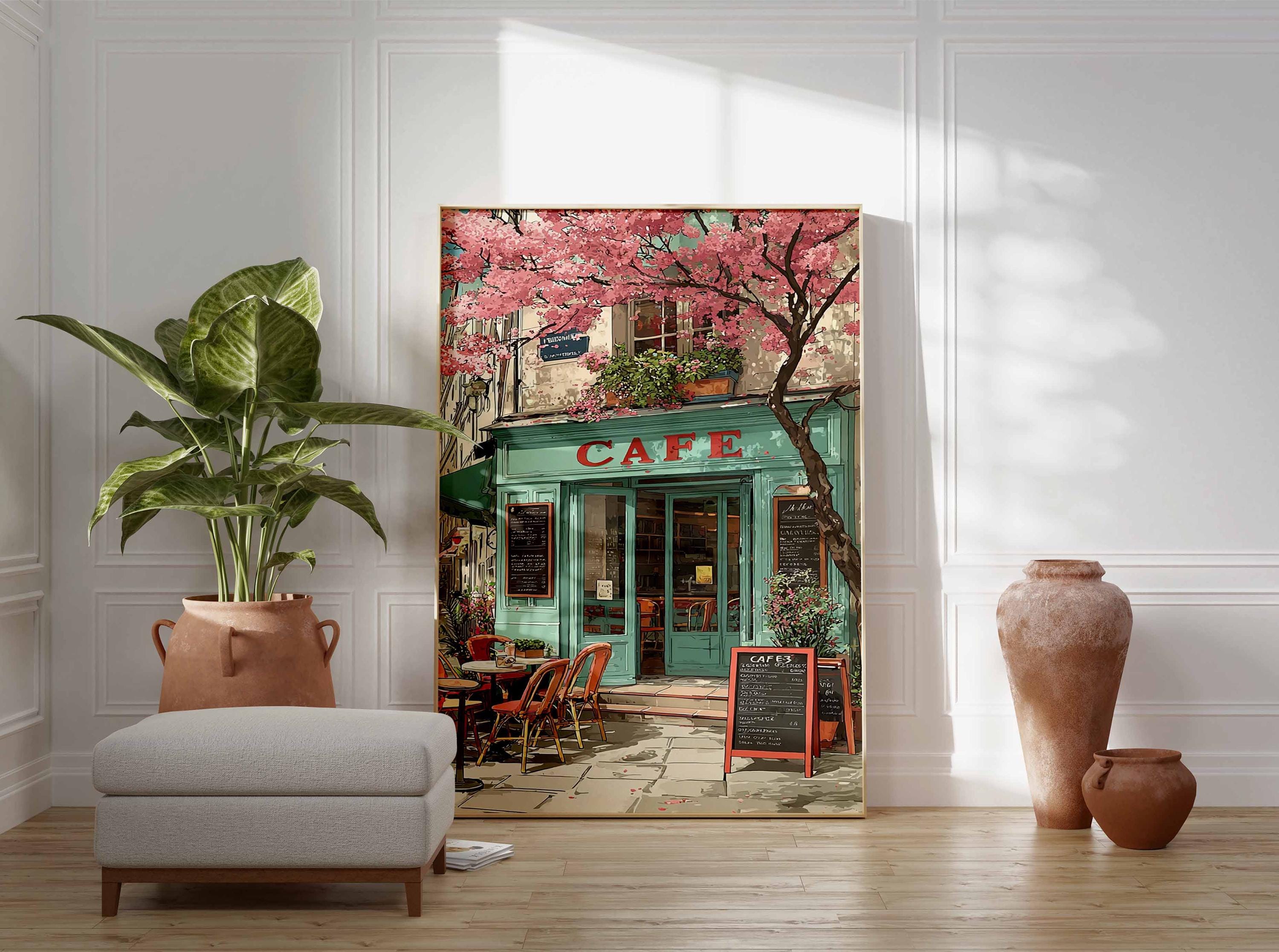 Paris Café Wall Art, Cherry Blossom Coffee Shop Poster, Vintage