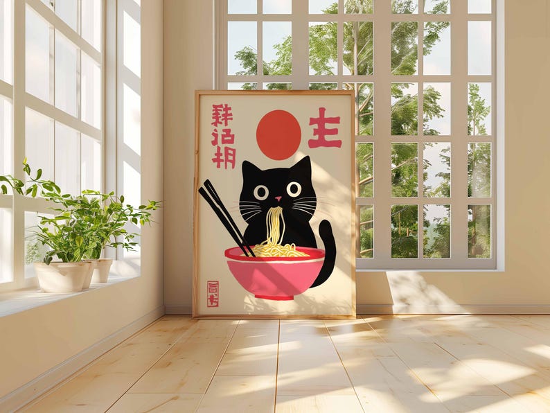 May include: A black cat with big eyes is eating ramen noodles from a pink bowl. The poster has Japanese characters that say "Ramen" and "Life".