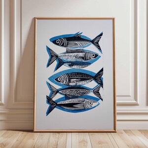 Sardine Fish Poster, Nautical Coastal Wall Art Print, Blue and Black Seafood Kitchen Decor, Modern Ocean Inspired Artwork